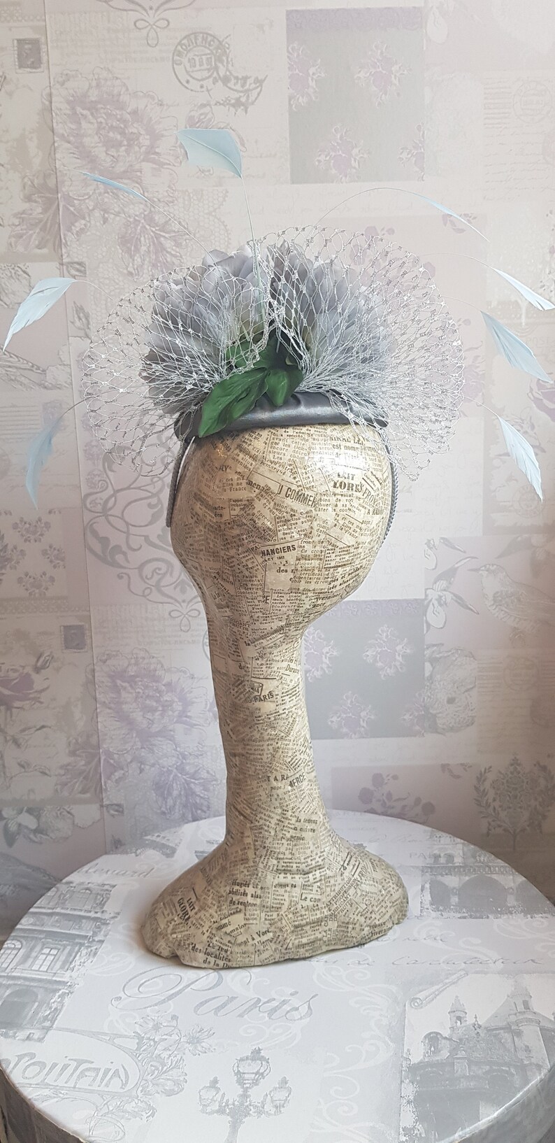 Royal Ascot Silver Grey /& Pale Blue Floral Button PercherFascinator Darcey II Derby day. Perfect for weddings race days