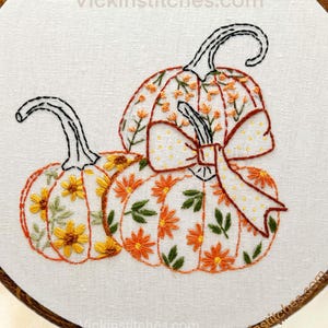 Floral Pumpkin Embroidery Kit • 8 Inch DIY Fall Hand Embroidery Pattern • Beginner Friendly Autumn Hoop Art with coquette Bow Design Kit