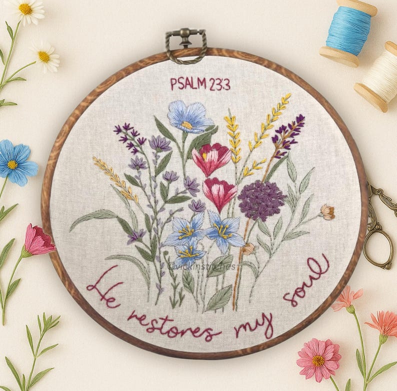 Psalm 23:3 Embroidery Kit – He Restores My Soul Wildflower Floral Hoop – Christian Hand Embroidery Pattern for Beginners. No AI image 8