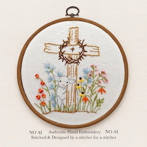 He Is Risen Embroidery Pattern – Christian Easter Lamb & Cross (PDF Pattern)