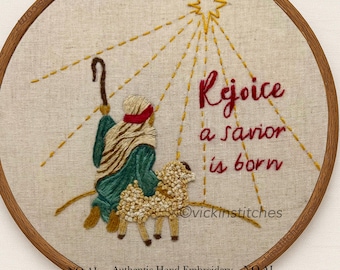Christmas Nativity Embroidery Kit: Shepherd, Lamb Star - DIY Christian Decor