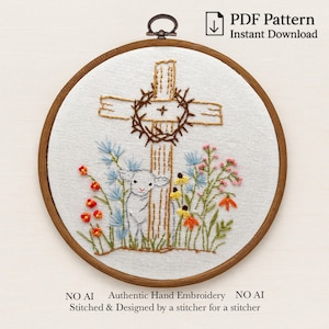 He Is Risen Embroidery Pattern – Christian Easter Lamb & Cross (PDF Pattern)