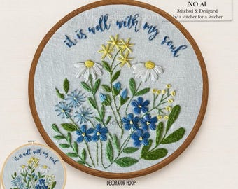 Blue Floral Hand Embroidery Kit: Beginner DIY Craft, Wall Decor