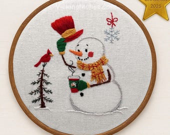 Gemütlicher Weihnachtsschneemann-Stickerei-PDF-Muster | Cardinal Holiday Stitch Instant download