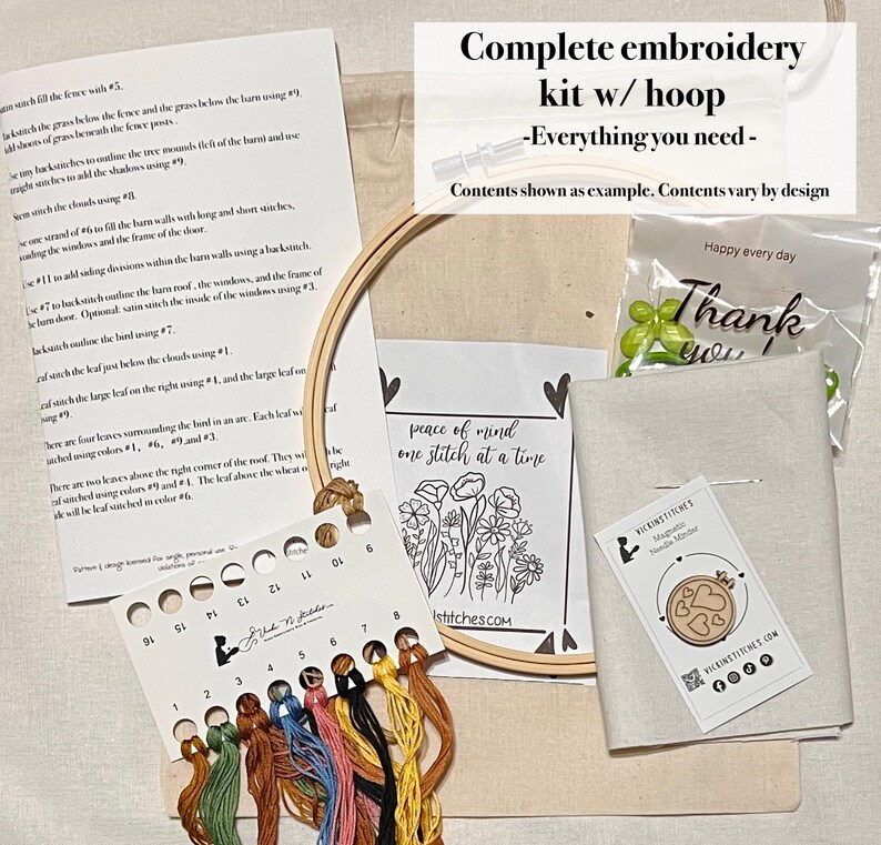 May include: A complete embroidery kit with a wooden hoop, embroidery floss in various colors, a needle, and fabric. The kit includes instructions and a small card that says "peace of mind one stitch at a time."