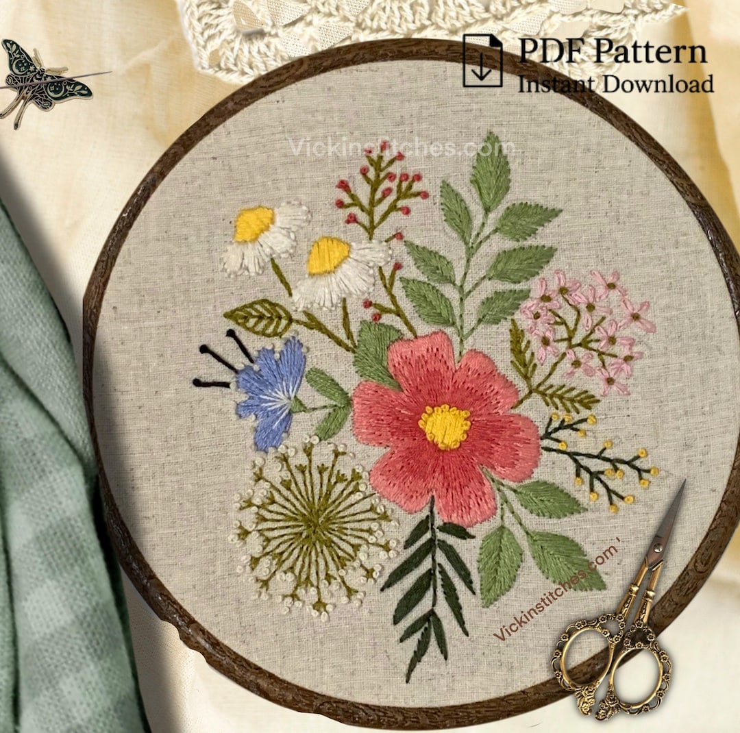 Floral Embroidery Pattern: Beginner Flower Bouquet Design (PDF Pattern ...