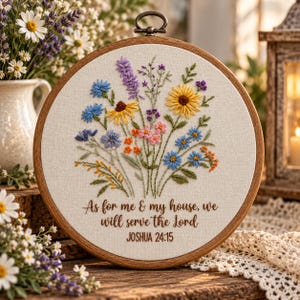 May include: A circular wooden embroidery hoop containing white fabric with a hand-stitched floral bouquet in yellow, blue, purple, and pink. Below the flowers, brown embroidered text reads: As for me & my house, we will serve the Lord JOSHUA 24:15.