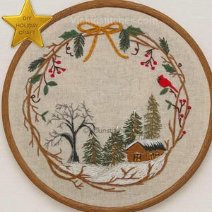 Christmas Cabin in the Woods Embroidery Kit | Winter Wreath | Snowy Woodland Scene