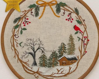 Christmas Cabin in the Woods Embroidery Kit | Winter Wreath | Snowy Woodland Scene