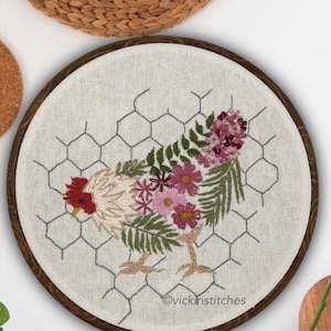 Chicken  hand embroidery kit for beginners. Farmhouse decor chicken floral farm , pet embroidery,  flowers . Chicken sampler embroidery kit