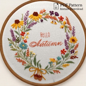 Hello Autumn Floral Wreath Embroidery pattern pdf – Beginner Friendly Fall Hand Embroidery Pattern with Cozy Seasonal Bloom