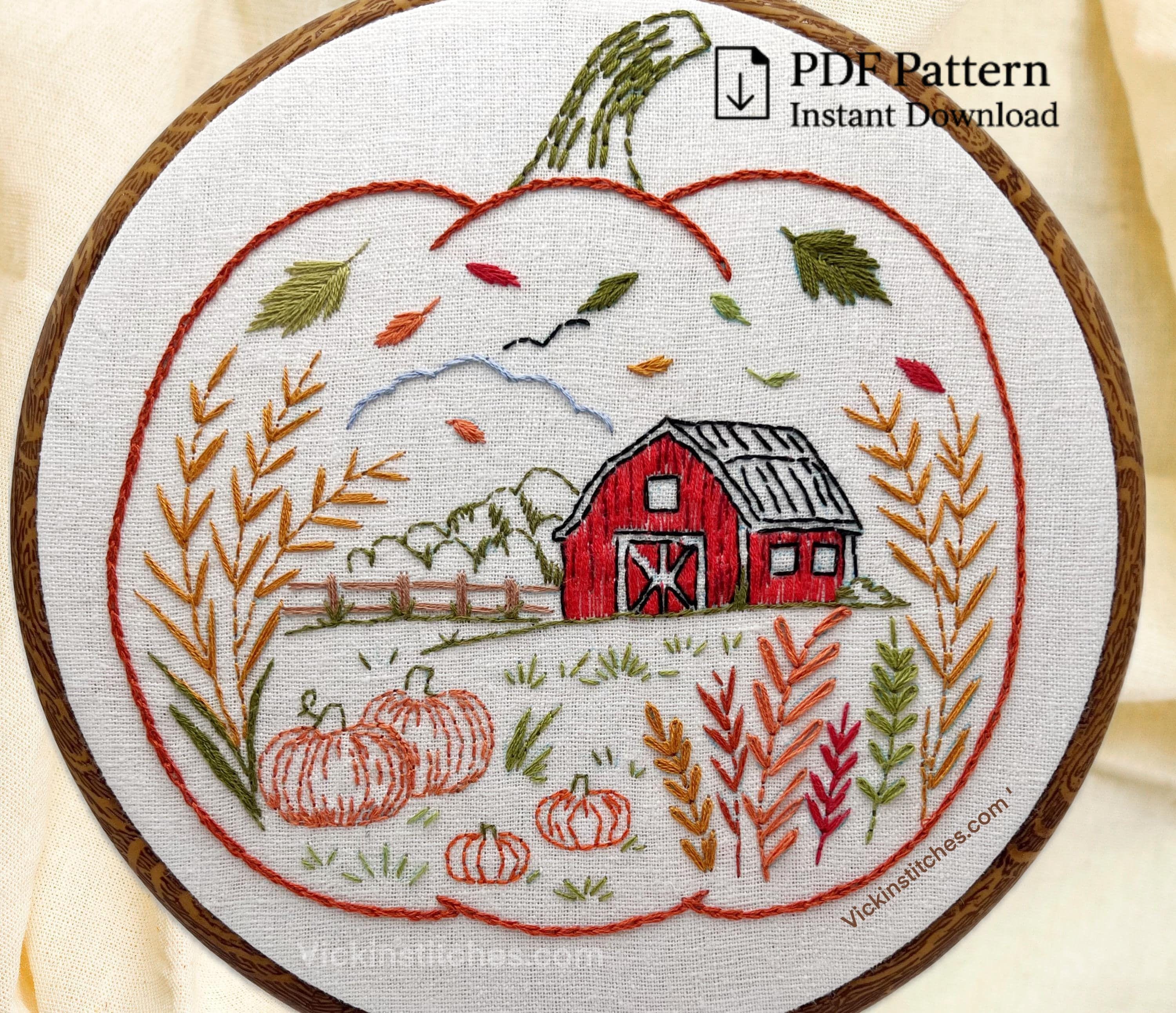 Pumpkin Barn Hand Embroidery Pattern – Beginner Fall Scene (PDF Pattern ...