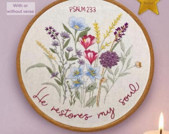 Floral Embroidery Kit, Psalm 23:3, Christian Beginner Craft