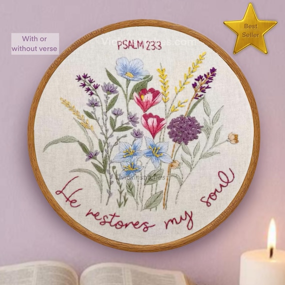 Floral Embroidery Kit, Psalm 23:3, Christian Beginner Craft
