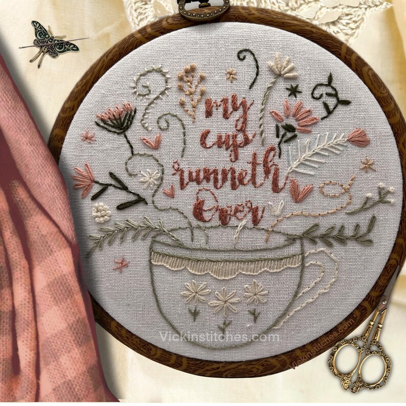 Hand Embroidered Hoop Art: Floral Tea Cup, Christian Wall Decor (PDF ...
