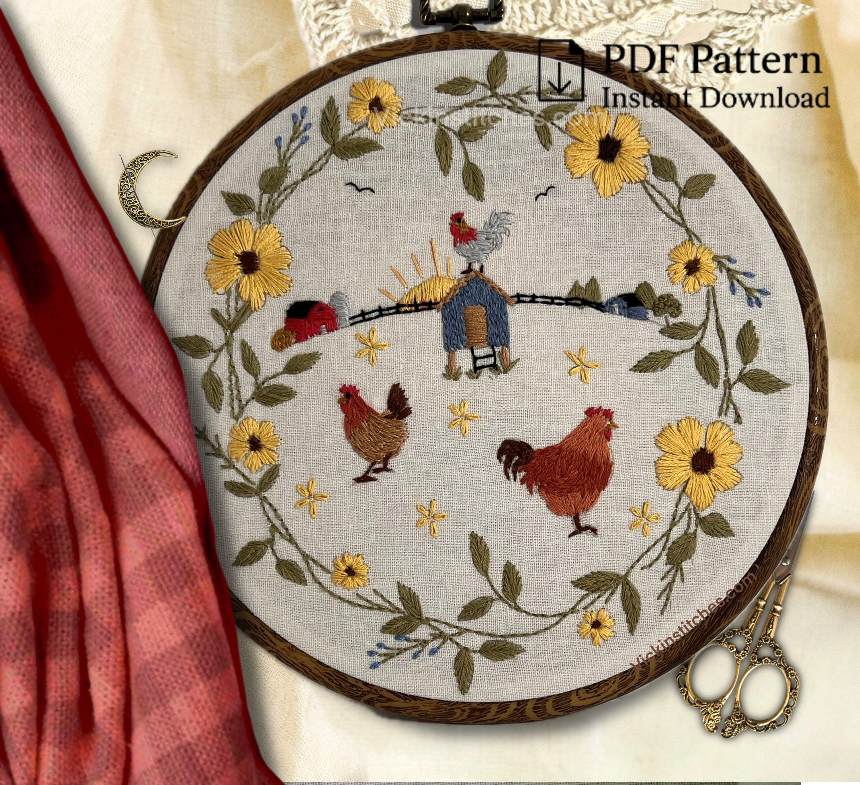 鶏小屋の刺繍パターン：簡単な農家風雄鶏のデザイン（PDFダウンロード
