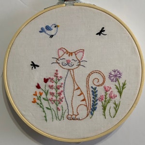 6” Cat wall hanging embroidery kit for beginner.  Fun & easy  Kitty Embroidery wall decor.  DIY craft Embroidery Sampler,