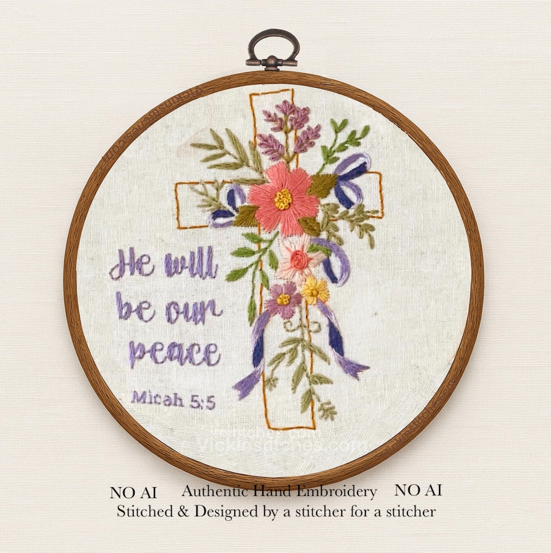 Floral Cross Embroidery Kit | Micah 5:5 Bible Verse (beginner