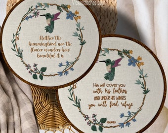 Beginner embroidery kit, Hummingbird hand Embroidery kit . Christian embroidery, DIY hummingbird embroidery psalms 91 flower embroidery