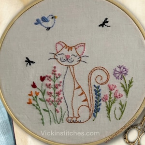 Cute Cat Embroidery pattern pdf download for Beginners DIY Floral Stitching with Cat and Bird Design Easy Hand Embroidery Pattern digital