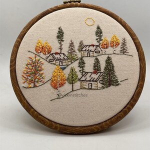 Autumn woodland beginner embroidery kit.  Autumn cabin in the forest hand embroidery kit for beginners. Fall season nature autumn leaf Easy