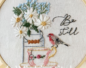 Be Still and Know that I am God Christian Embroidery kit for beginners. Floral Teacup with Bird & Scripture Inspired Hoop Art