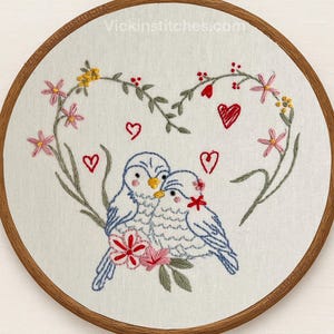 Love birds flower wreath beginner embroidery kit. Easy handmade gift,  valentine gift home decor wall art heart embroidery sampler.