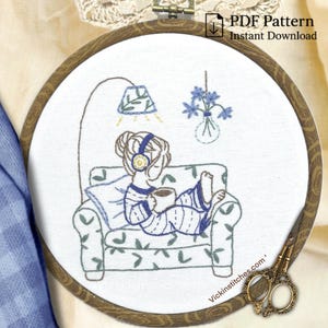 Coffee Lover Embroidery Pattern: Girl on Sofa (PDF Download)