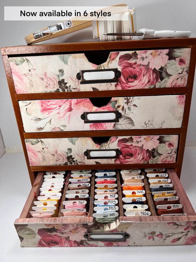 Beautiful wood embroidery floss organizer cabinet holds up to 300 bobbins full of floss