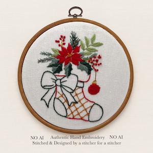 Christmas Embroidery Kit: Xmas stocking Poinsettia & Ornament Design