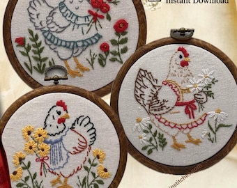 Farmhouse Chicken Embroidery Hoop Art: Vintage Hens (Digital Pattern)