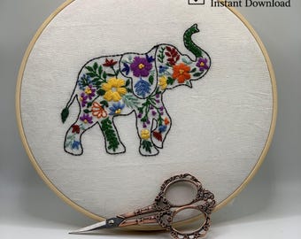 Boho Elephant Embroidery Pattern: Floral Design (6" Hoop)