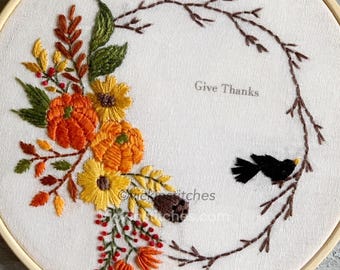 Fall Wreath Embroidery Kit: Pumpkins, Foliage, Blackbird (6" Hoop)