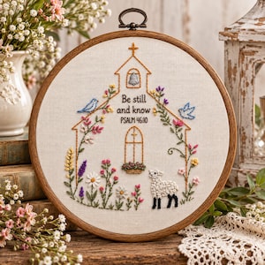 Broderimönster i PDF-format, kristen kyrkasilhuett, handbroderi, trostygnskit, bibelvers
