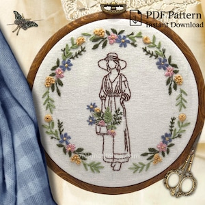Colonial Lady Embroidery Pattern: Floral Wreath, Gardener (PDF Download)