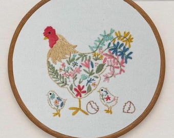Hen & Chicks Embroidery Kit – Floral Chicken Beginner Craft (8" Hoop)