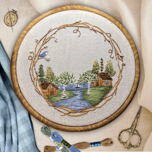 Spring cabin in the woods wreath 8 inch Embroidery kit for beginners. Cabin by the lake embroidery.