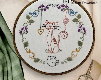 Crazy Cat Flowers Embroidery Pattern: Beginner Friendly (PDF Download)