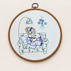 Cozy Girl Embroidery Kit: Coffee, Headphones, Beginner DIY Craft