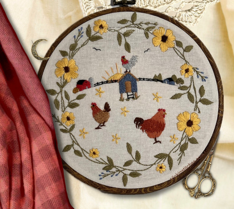 Embroidered scene of chicken coop at Sunset with barn in the distance inside a wreath of yellow wildflowers Chicken Coop Farm beginner Embroidery Kit - Easy Rooster DIY Gift for Home Decor- Hand Embroidery farmhouse  embroidery.