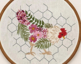 Floral Chicken Embroidery Kit: Beginner Farmhouse hen Decor (8" Hoop)