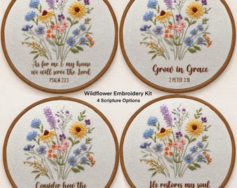 Wildflower Hand Embroidery Kit, Scripture Home Decor Design, Christian DIY Stitch