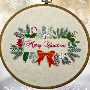 8” Holly & Evergreen Embroidery Kit for beginner Christmas botanical Design.  Christmas flowers wall decor embroidery. Christmas craft kit
