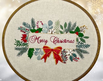 8” Holly & Evergreen Embroidery Kit for beginner Christmas botanical Design.  Christmas flowers wall decor embroidery. Christmas craft kit