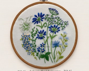 Blue Floral Hand Embroidery Kit: Beginner DIY Craft, Wall Decor