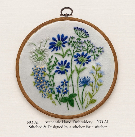 Blue Floral Hand Embroidery Kit: Beginner DIY Craft, Wall Decor