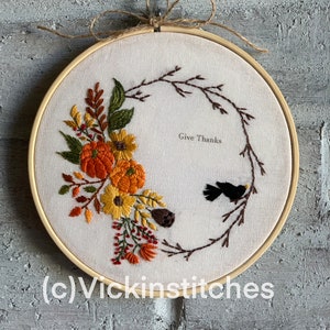 Beginner embroidery kit for autumn. Fall season floral pumpkin hand embroidery kit. Fall wreath with pumpkin, grapevine wall art decor.