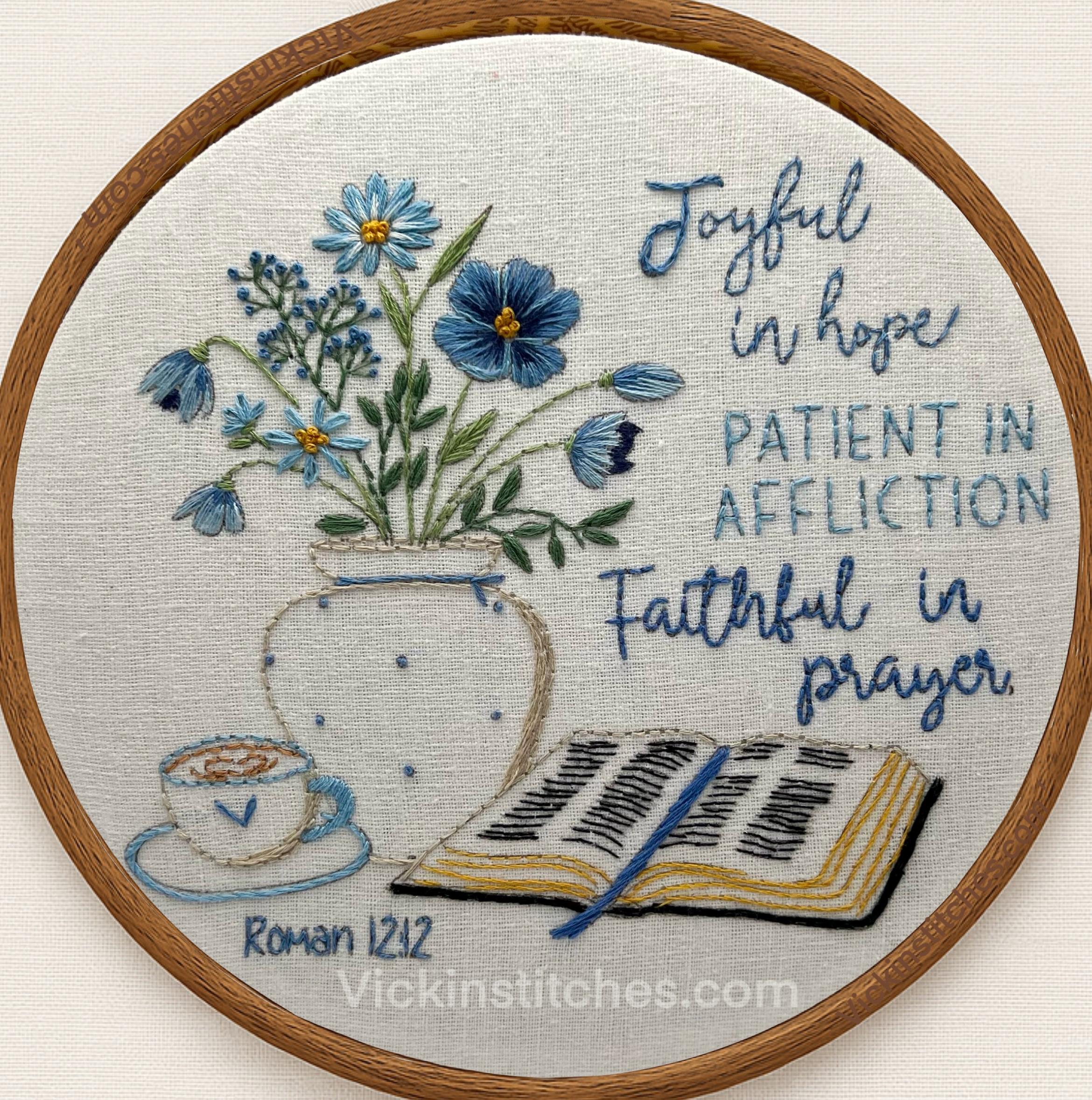 Romans 12:12 Embroidery Kit | Bible Verse, Blue Flowers (8” Hoop