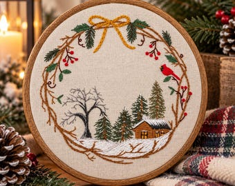 Christmas Cabin in the Woods Embroidery Kit | Winter Wreath | Snowy Woodland Scene