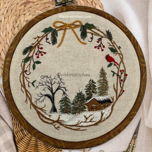 Christmas Cabin in the Woods beginner Embroidery kit best seller. Christmas wall art decor . Christmas woodland snow. Learn embroidery .easy